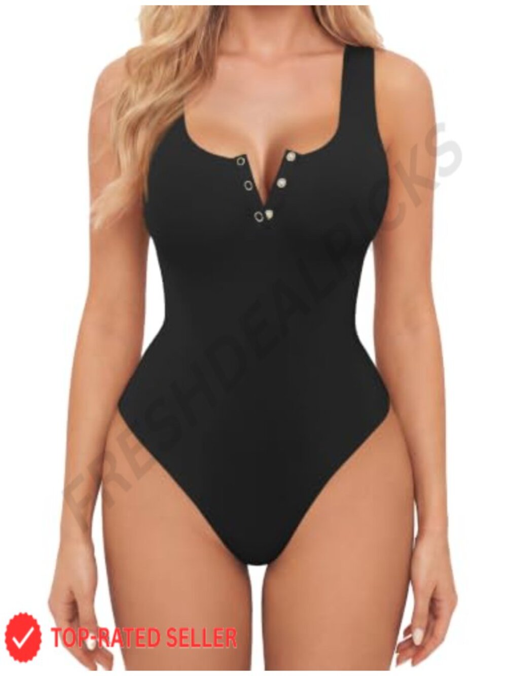 Women's Button Down Square Neck Sleeveless Bodysuit Double Lined Tank Top Thong